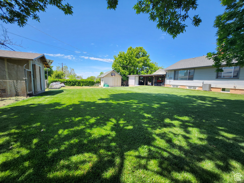 View of grassy yard with an outbuilding and a storage shed