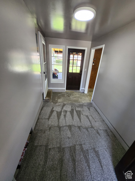Entryway featuring baseboards and carpet flooring