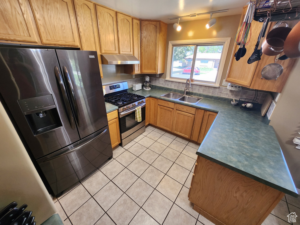 Kitchen featuring stainless steel appliances, a sink, dark countertops, and under cabinet range hood