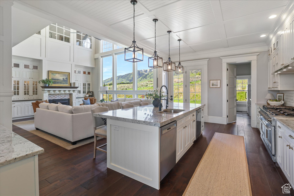 Kitchen with a sink, stainless steel appliances, white cabinetry, baseboards, and a fireplace