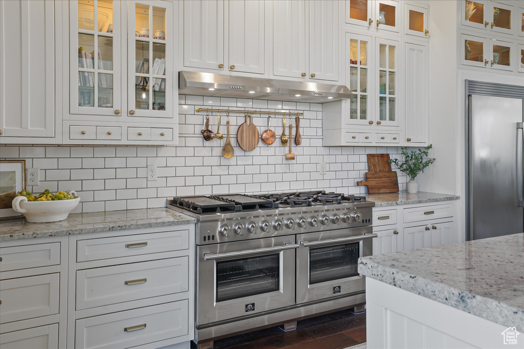 Kitchen with high quality appliances, under cabinet range hood, white cabinetry, and decorative backsplash