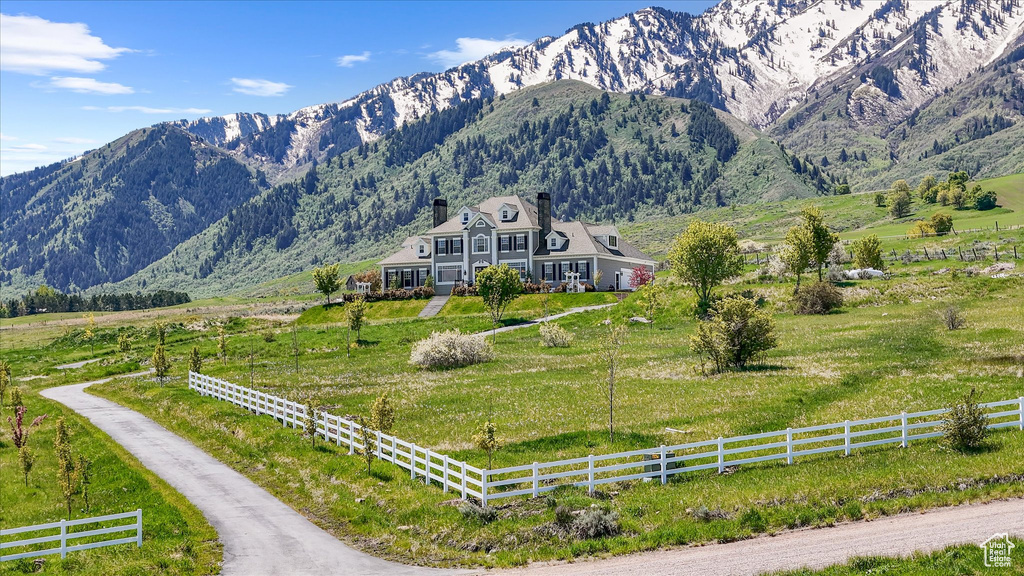 View of mountain backdrop with rural landscape and agricultural land