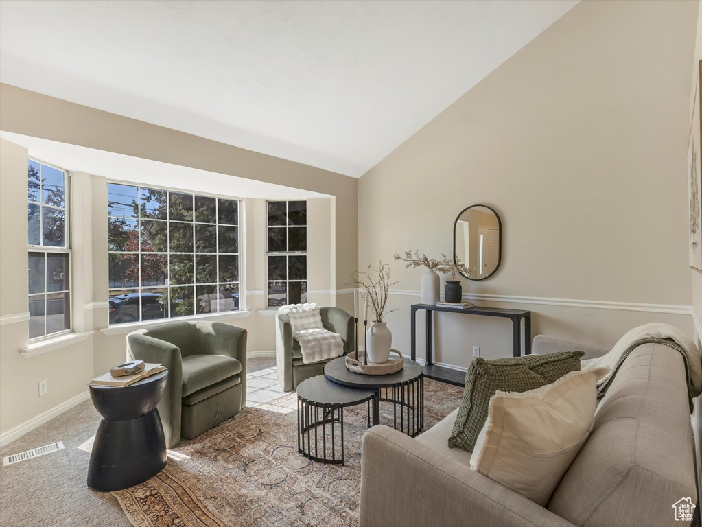 Living area featuring lofted ceiling, baseboards, and carpet flooring