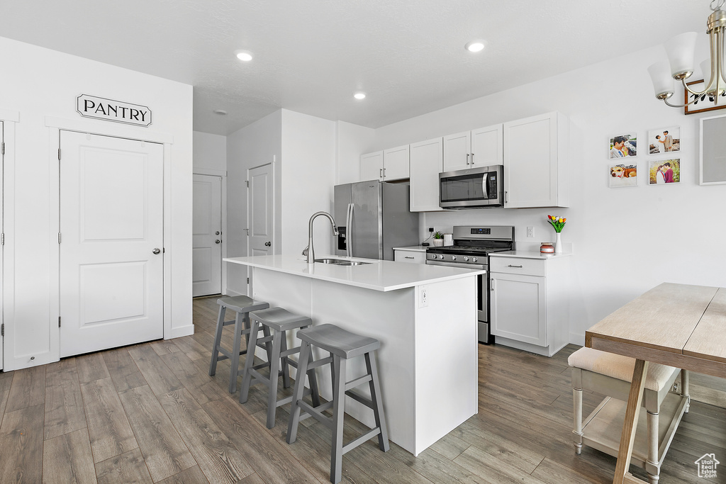 Kitchen featuring stainless steel appliances, a sink, wood finished floors, a kitchen island with sink, and a breakfast bar area