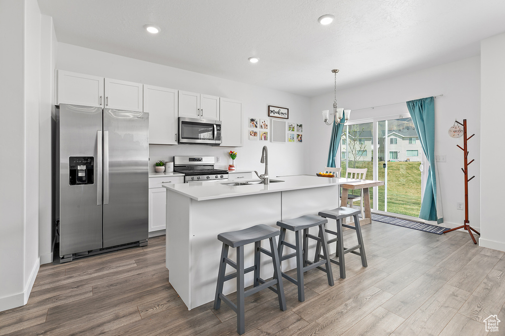 Kitchen with appliances with stainless steel finishes, a sink, wood finished floors, white cabinetry, and recessed lighting