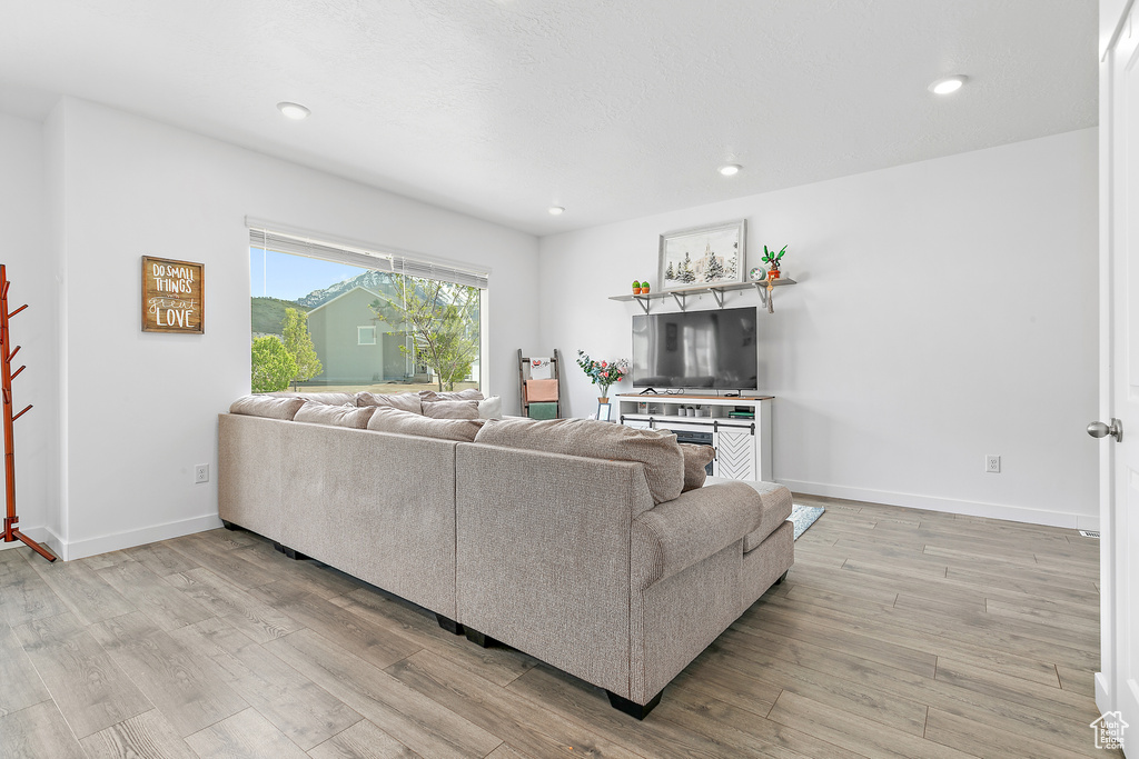 Living area with light wood-type flooring, recessed lighting, and baseboards