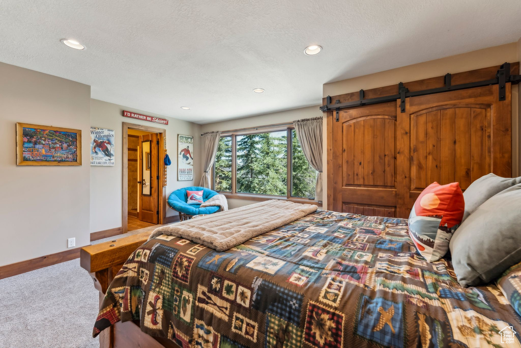 Bedroom with carpet flooring, baseboards, a barn door, and recessed lighting