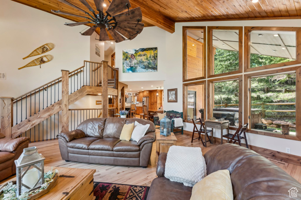 Living room featuring high vaulted ceiling, wood finished floors, a ceiling fan, wood ceiling, and beamed ceiling