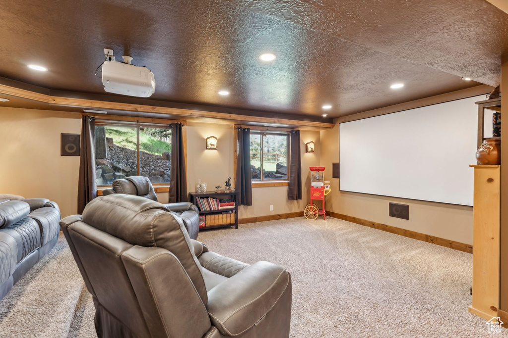 Carpeted home theater room with baseboards, recessed lighting, plenty of natural light, and a textured ceiling