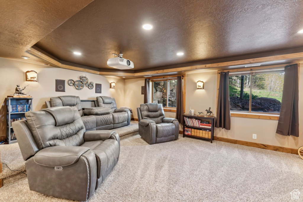 Home theater room with baseboards, carpet, a textured ceiling, a tray ceiling, and recessed lighting