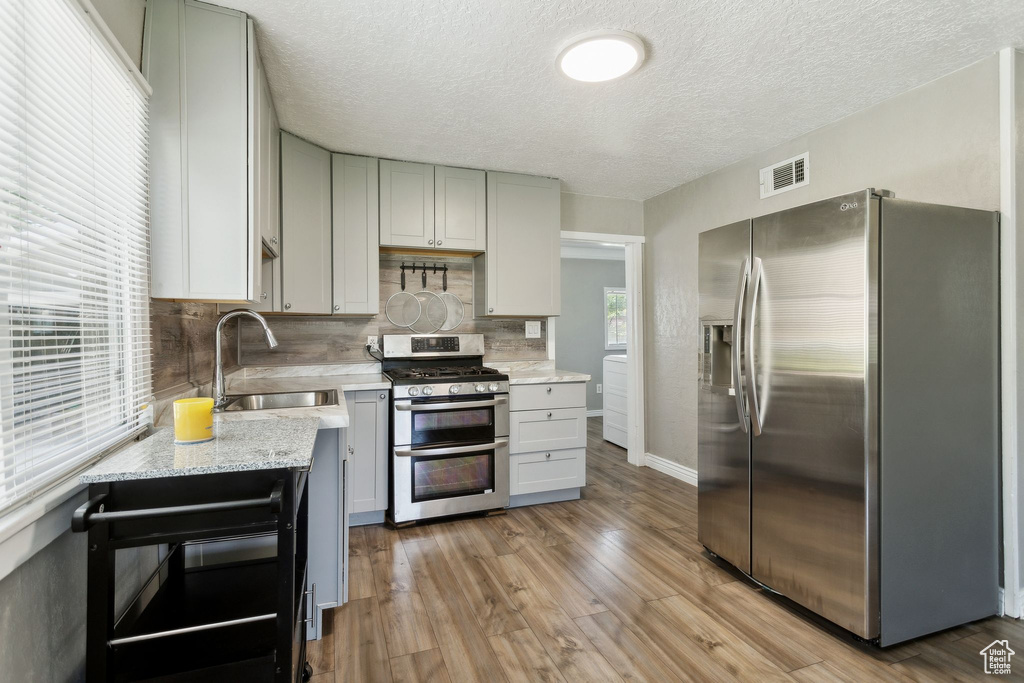 Kitchen featuring appliances with stainless steel finishes, gray cabinets, decorative backsplash, a sink, and light wood-style flooring