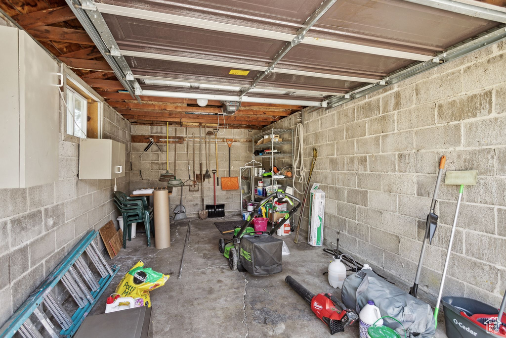 Garage with concrete block wall