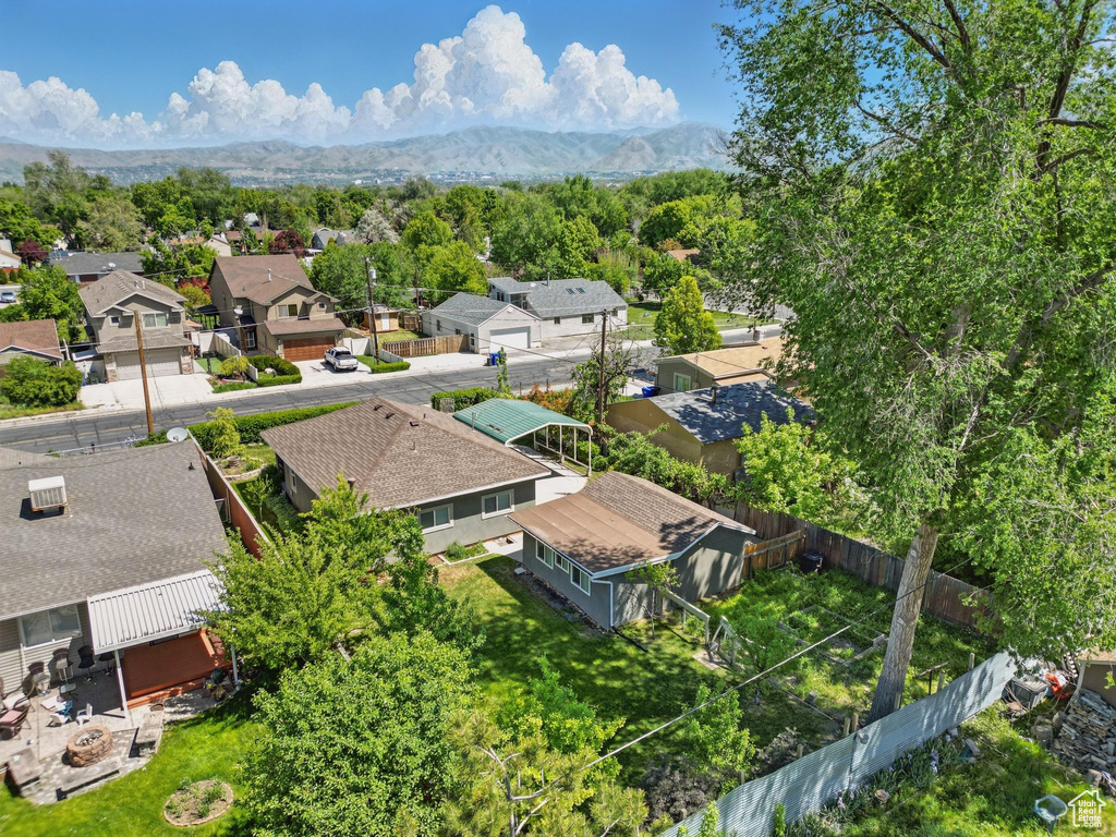 Aerial view of residential area with mountains