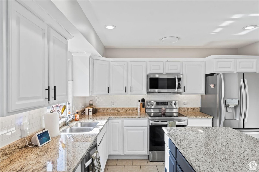 Kitchen featuring appliances with stainless steel finishes, a sink, white cabinetry, decorative backsplash, and recessed lighting