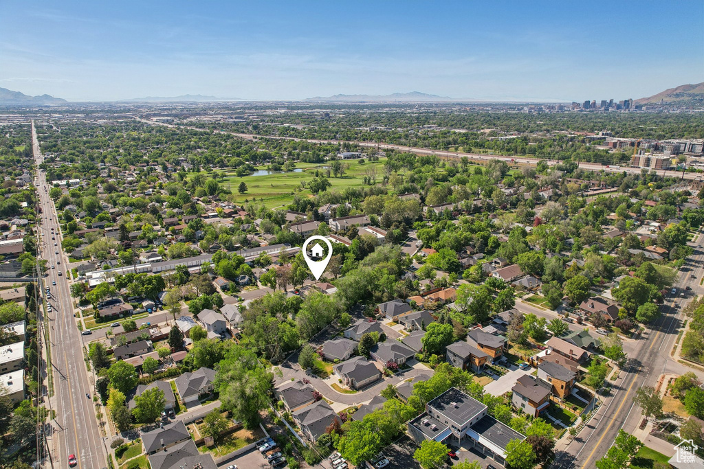 Aerial perspective of suburban area with mountains