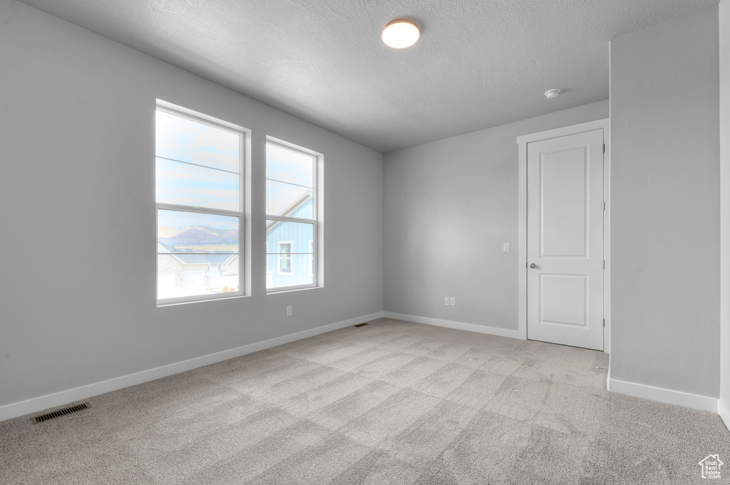 Empty room with a textured ceiling, light colored carpet, and baseboards