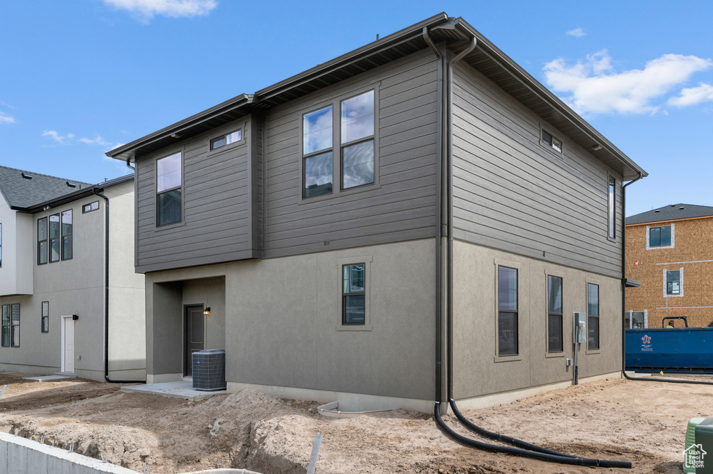 Rear view of house featuring central air condition unit and stucco siding