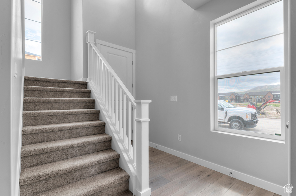 Stairs featuring wood finished floors, baseboards, and plenty of natural light