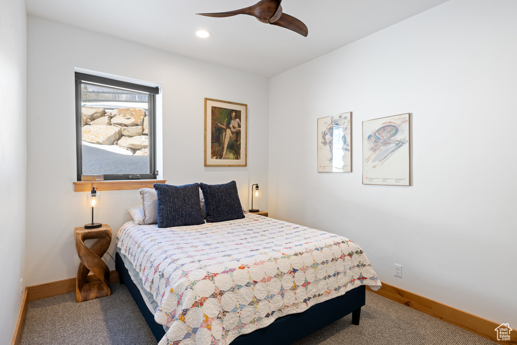 Bedroom with carpet, baseboards, recessed lighting, and ceiling fan