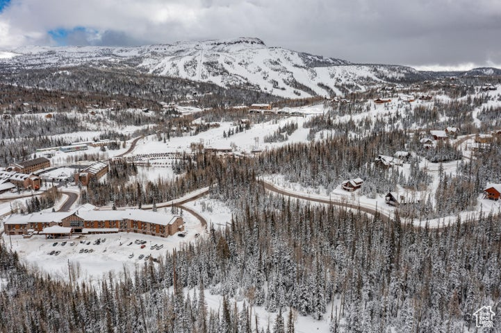 Snowy aerial view featuring a mountain view