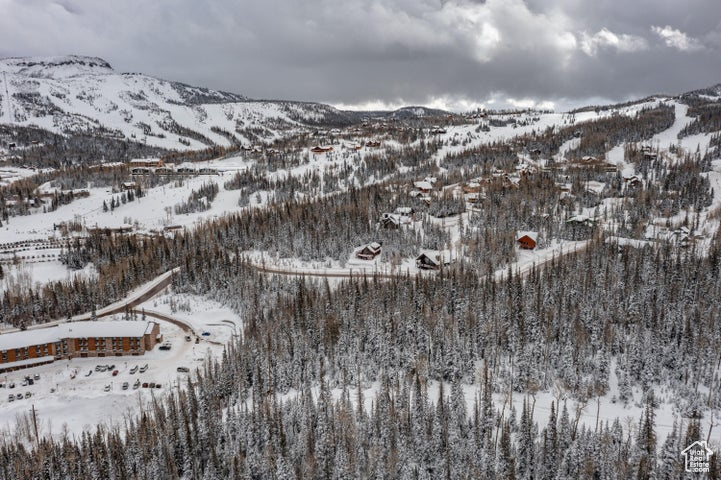 Snowy aerial view featuring a mountain view