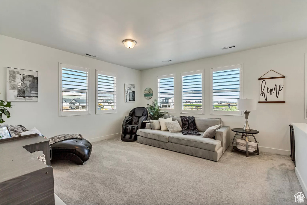 Carpeted living room with baseboards and plenty of natural light