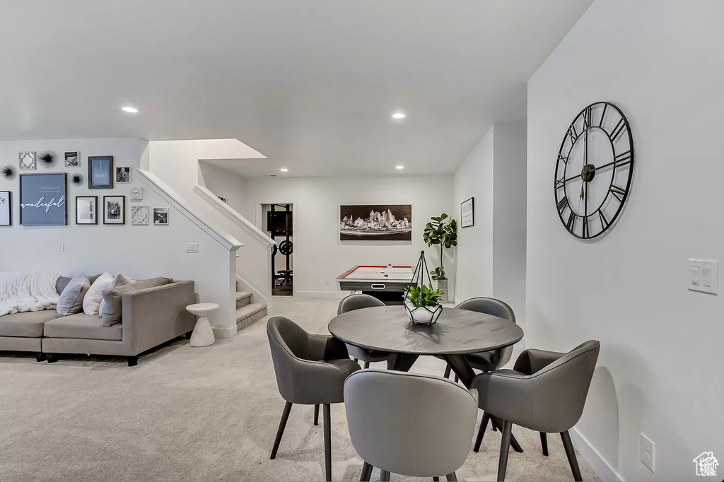 Dining area featuring stairway, recessed lighting, carpet flooring, and baseboards