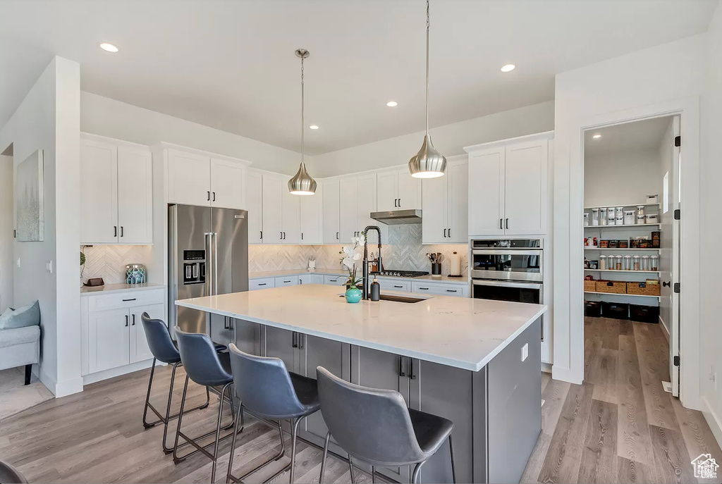 Kitchen with stainless steel appliances, light wood-style flooring, an island with sink, tasteful backsplash, and recessed lighting