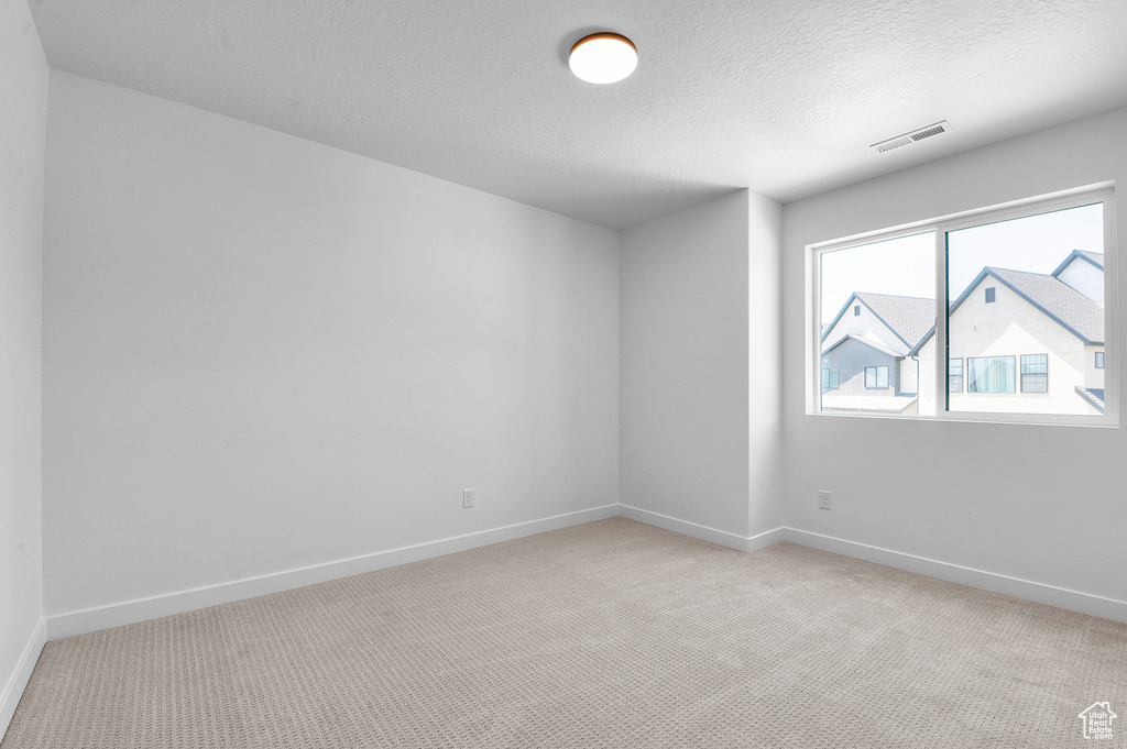 Unfurnished room with light colored carpet, baseboards, and a textured ceiling