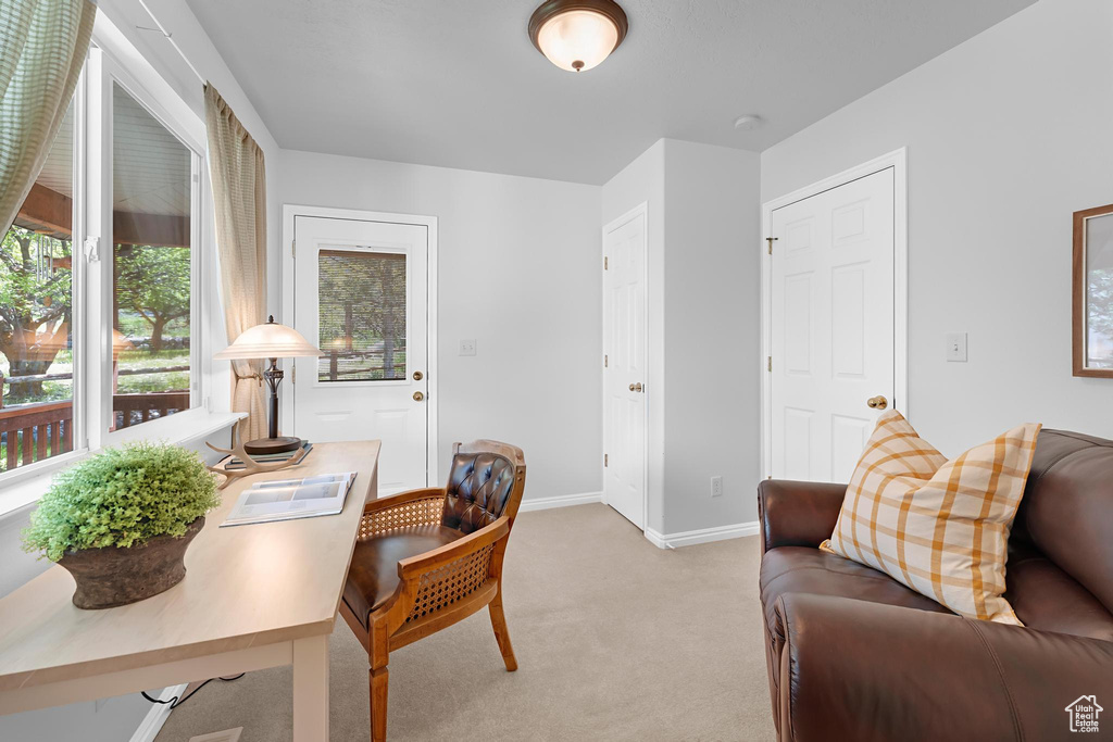 Office space featuring light carpet and baseboards
