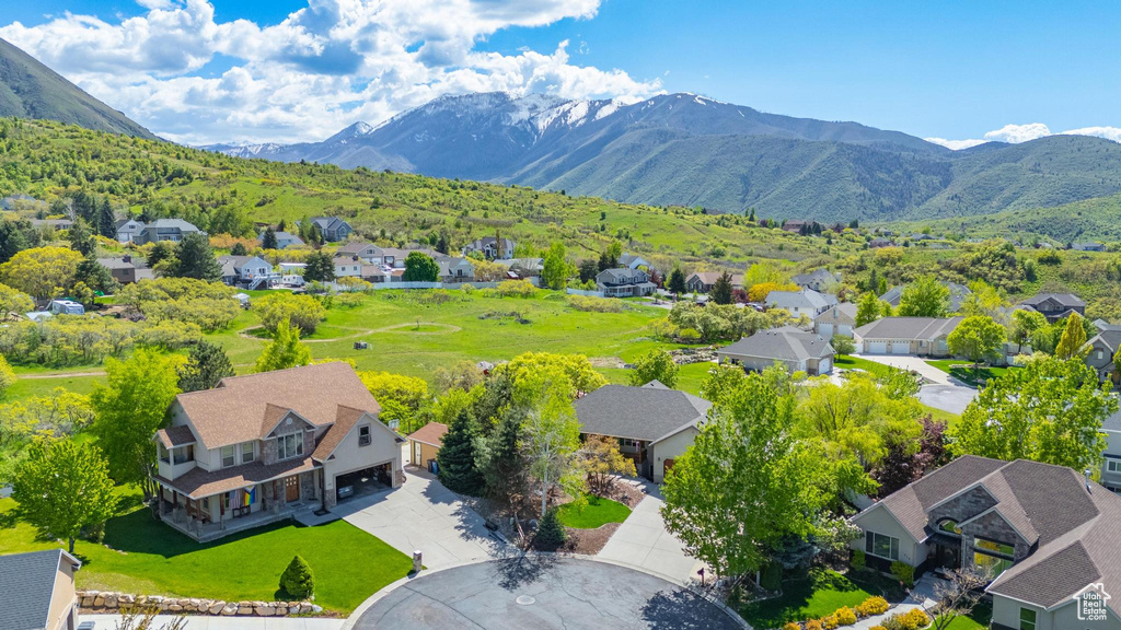 Aerial perspective of suburban area featuring a mountain backdrop