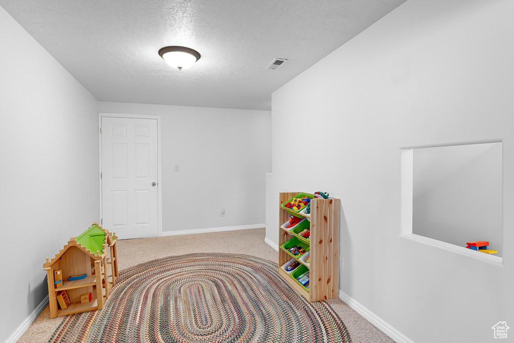Recreation room with carpet, a textured ceiling, and baseboards