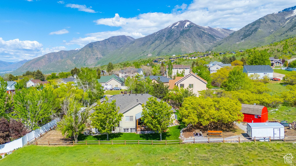 Aerial view of residential area with mountains