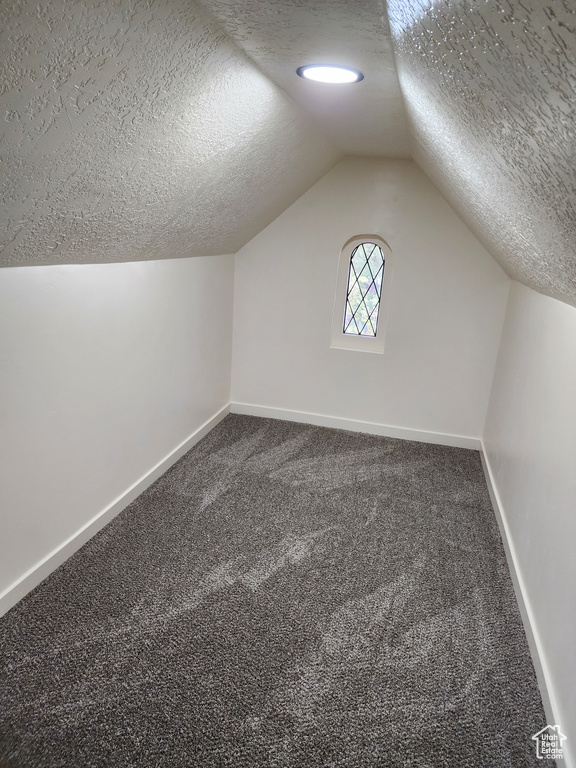 Bonus room featuring a textured ceiling, baseboards, carpet floors, and lofted ceiling