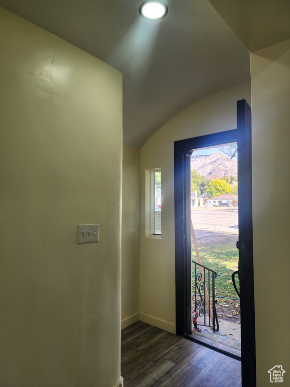 Foyer entrance featuring dark wood finished floors, baseboards, and lofted ceiling