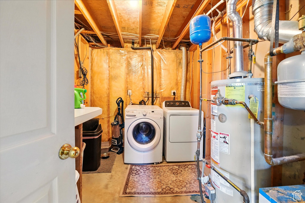 Laundry room with separate washer and dryer and gas water heater