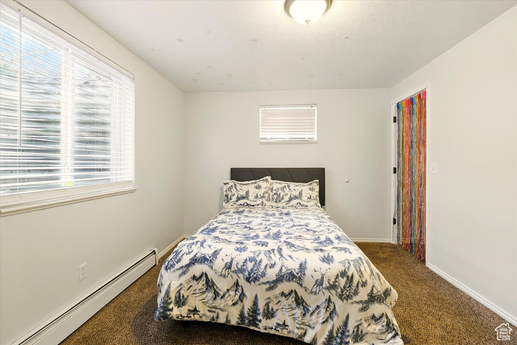 Bedroom featuring a baseboard radiator, carpet flooring, and baseboards