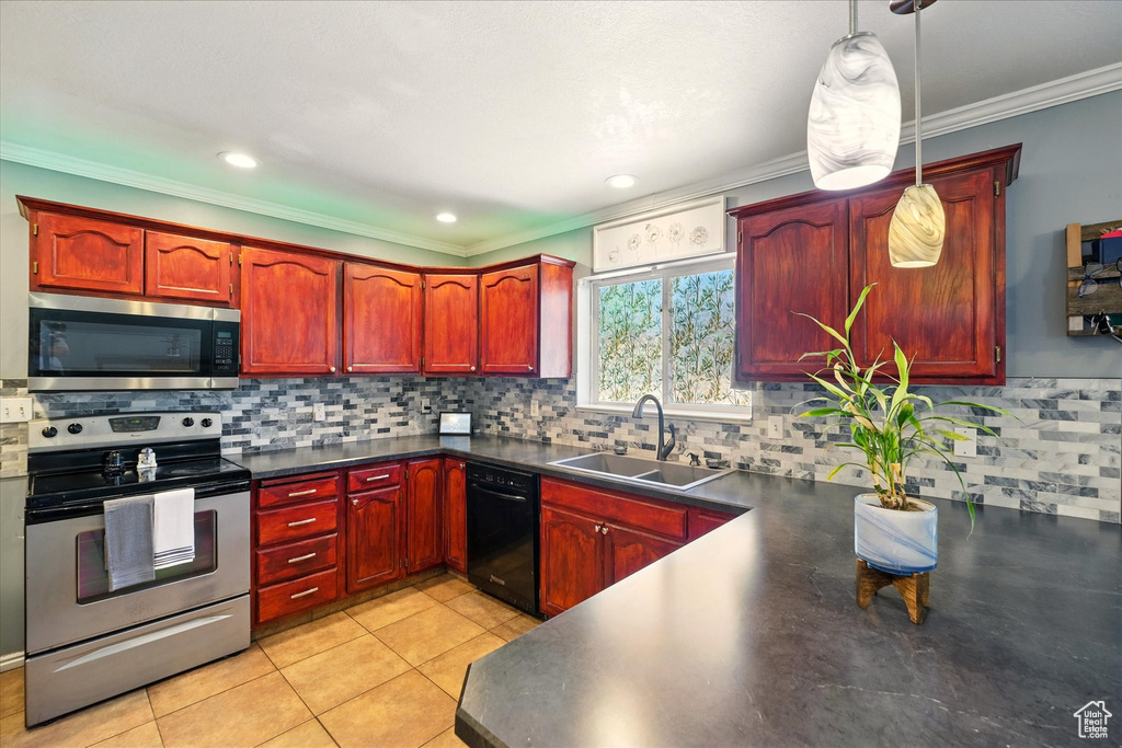 Kitchen featuring appliances with stainless steel finishes, a sink, dark brown cabinets, ornamental molding, and dark countertops