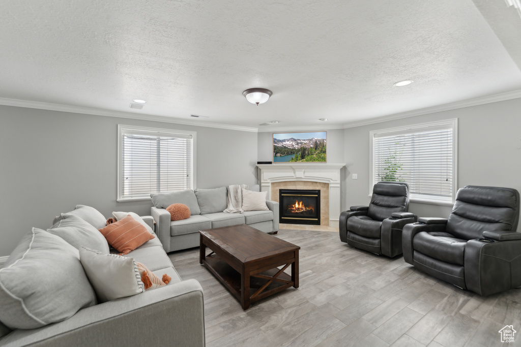 Living area featuring a fireplace, a textured ceiling, light wood-style flooring, and ornamental molding