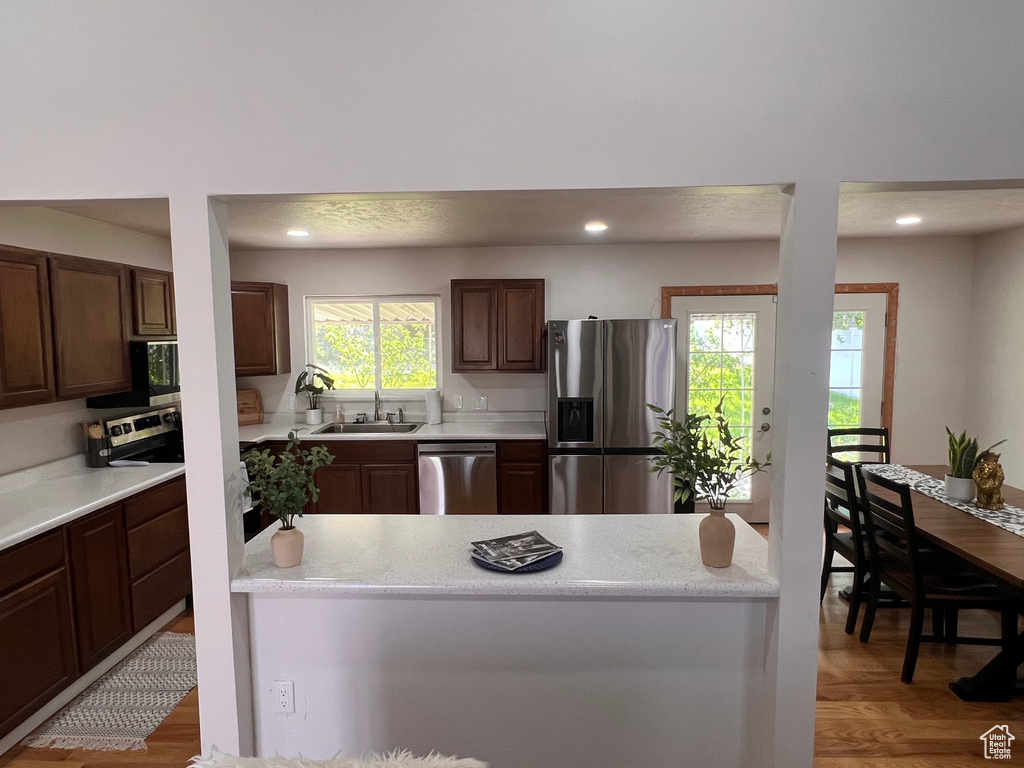 Kitchen featuring appliances with stainless steel finishes, a sink, light wood-style floors, recessed lighting, and dark brown cabinetry