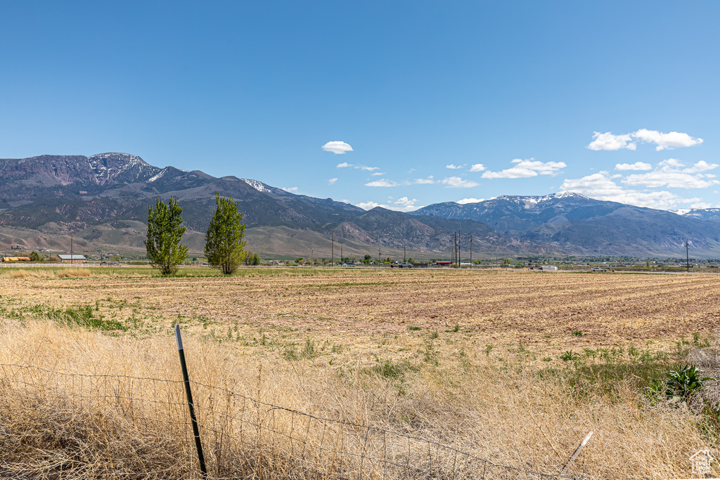 View of mountain backdrop with rural landscape