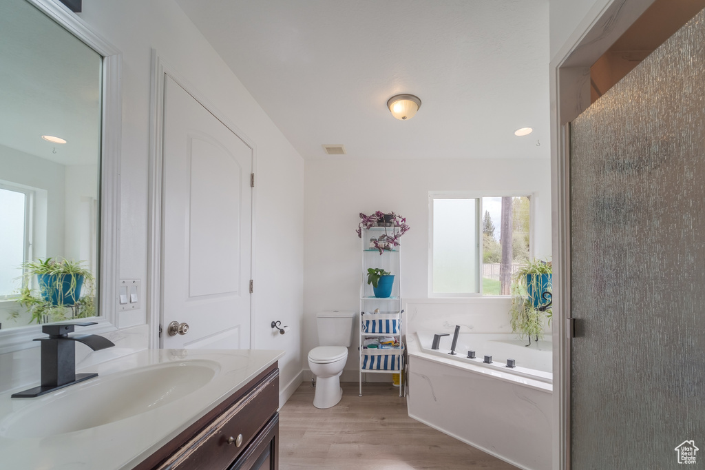 Full bathroom with toilet, vanity, wood finished floors, and a bath
