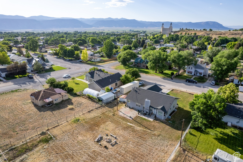 Aerial view of residential area with mountains