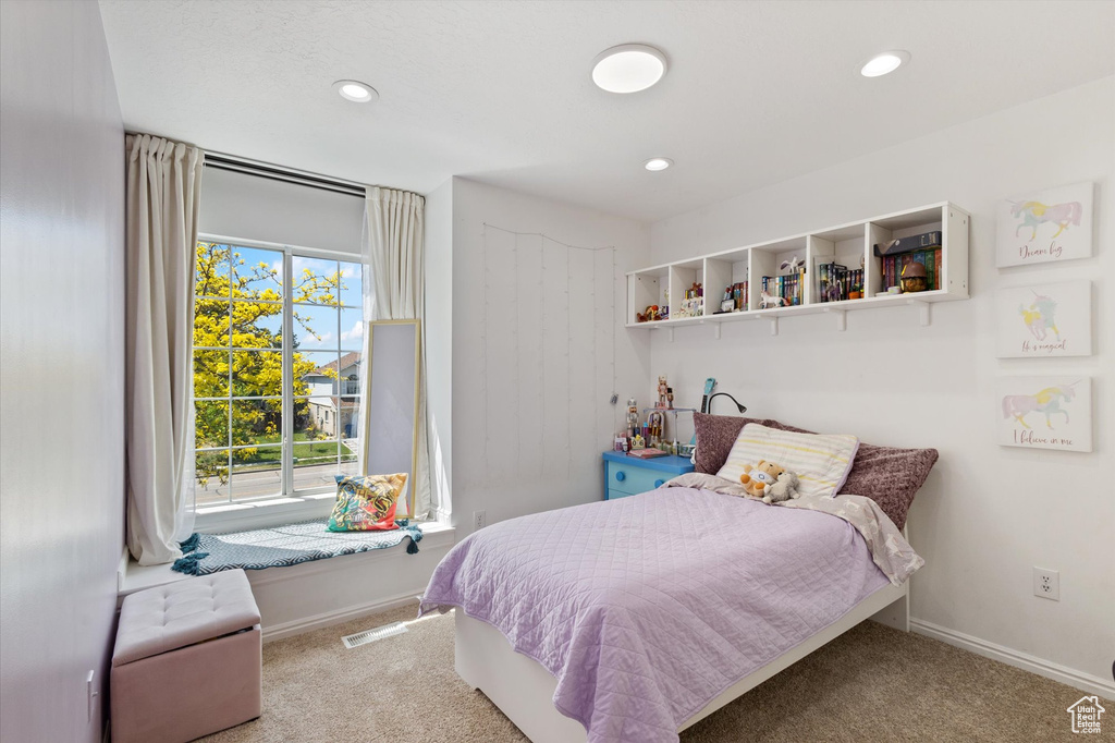 Bedroom featuring carpet floors, recessed lighting, and baseboards