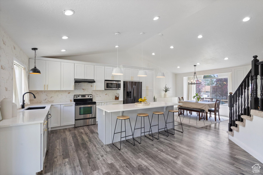 Kitchen with stainless steel appliances, a sink, under cabinet range hood, lofted ceiling, and a breakfast bar area