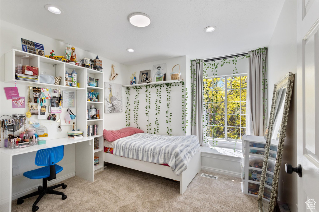 Bedroom featuring carpet, an office area, recessed lighting, and baseboards