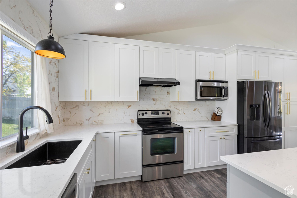 Kitchen featuring appliances with stainless steel finishes, under cabinet range hood, a sink, lofted ceiling, and healthy amount of natural light