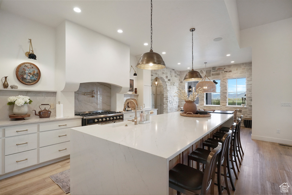 Kitchen featuring white cabinetry, modern cabinets, light wood-style flooring, decorative backsplash, and a spacious island