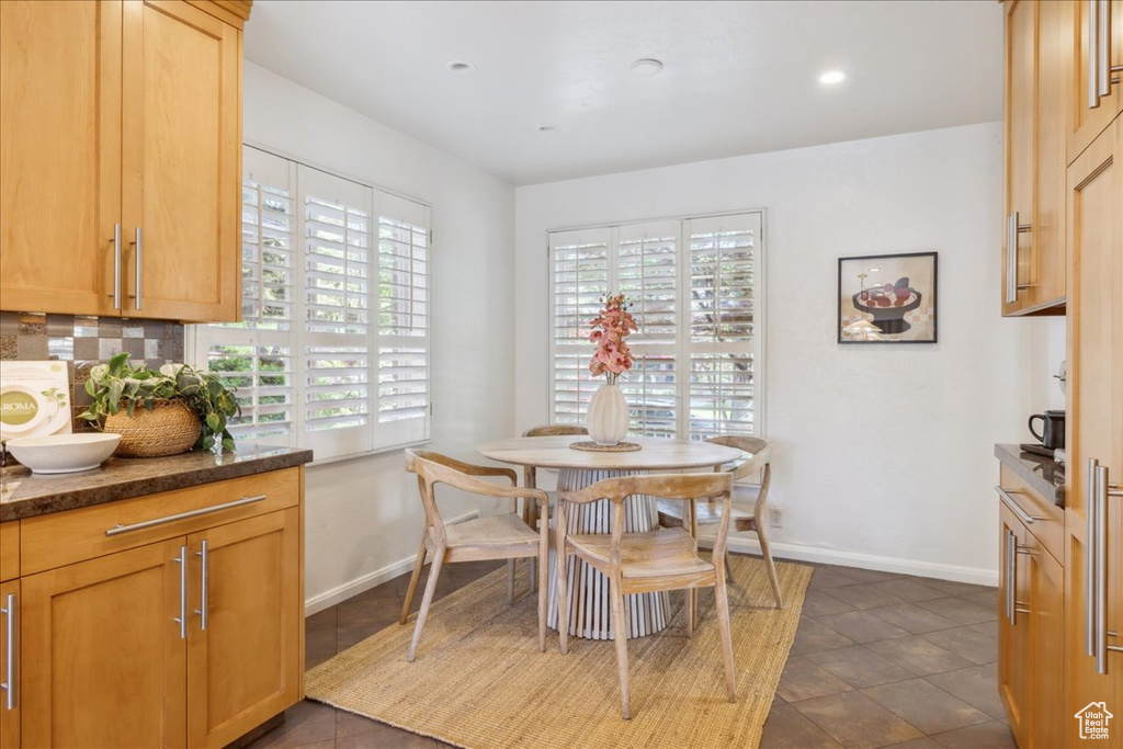Dining room with healthy amount of natural light, baseboards, and dark tile patterned floors