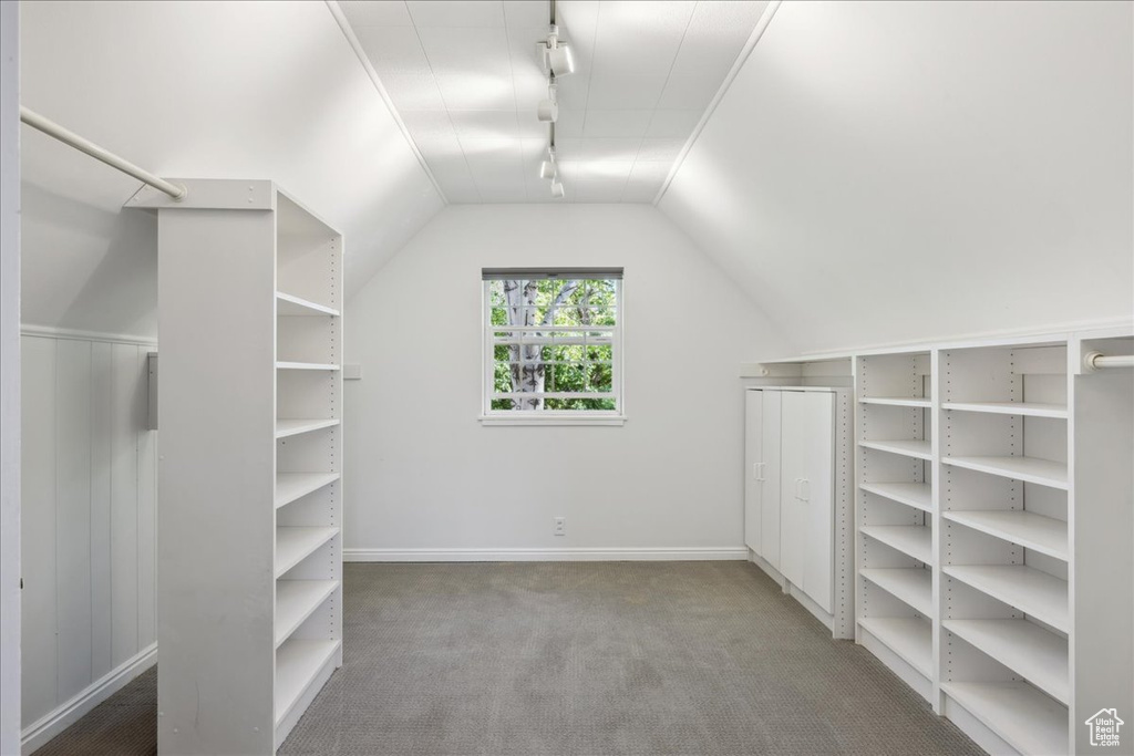 Walk in closet featuring carpet floors and vaulted ceiling